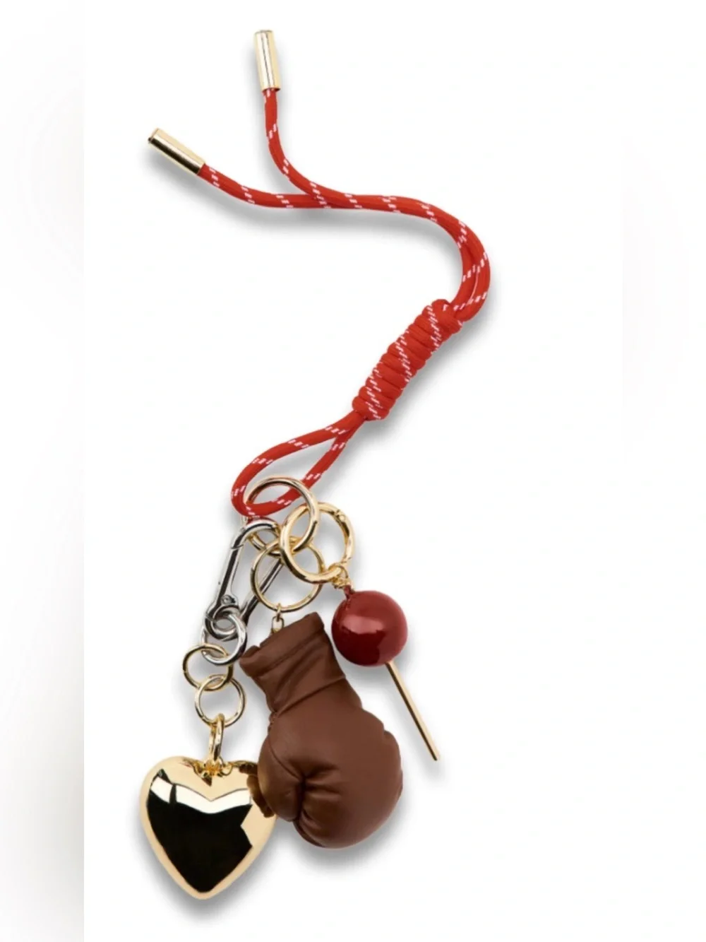 Zara Red Cord Keychain with Brown Boxing Glove and Gold Charms